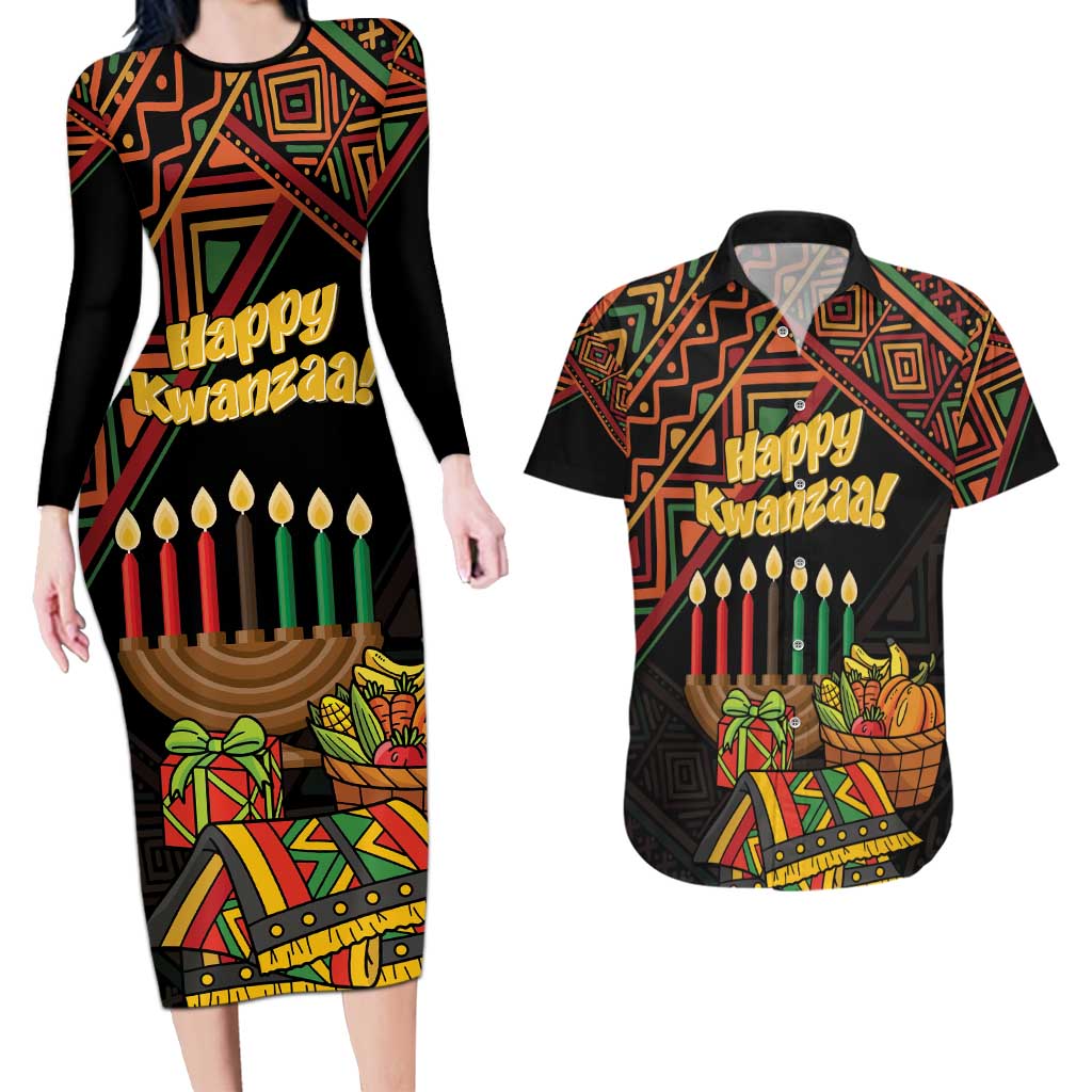 Personalized African Happy Kwanzaa Couples Matching Long Sleeve Bodycon Dress and Hawaiian Shirt - Wonder Print Shop