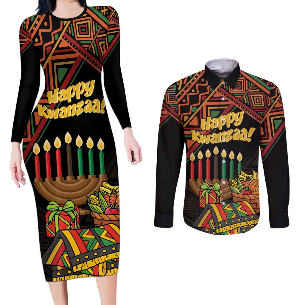 Personalized African Happy Kwanzaa Couples Matching Long Sleeve Bodycon Dress and Long Sleeve Button Shirt - Wonder Print Shop