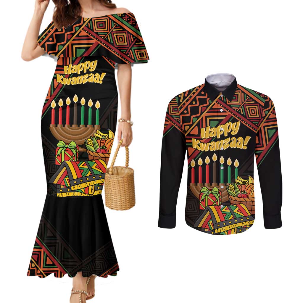 Personalized African Happy Kwanzaa Couples Matching Mermaid Dress and Long Sleeve Button Shirt