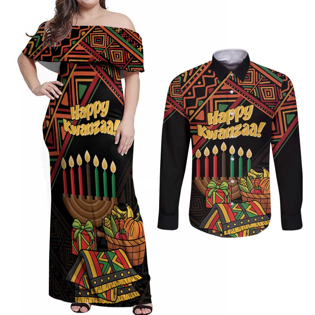Personalized African Happy Kwanzaa Couples Matching Off Shoulder Maxi Dress and Long Sleeve Button Shirt - Wonder Print Shop
