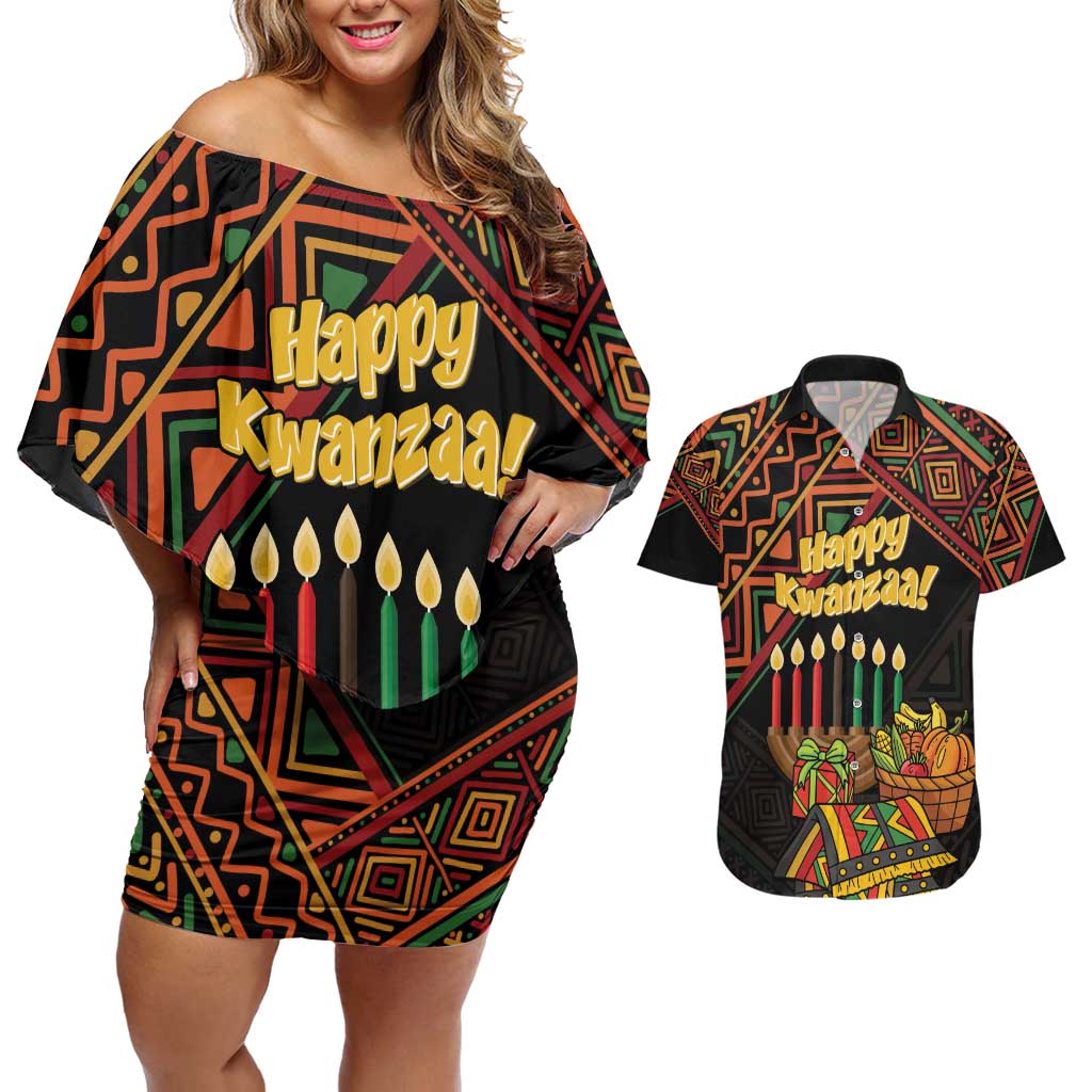 Personalized African Happy Kwanzaa Couples Matching Off Shoulder Short Dress and Hawaiian Shirt - Wonder Print Shop