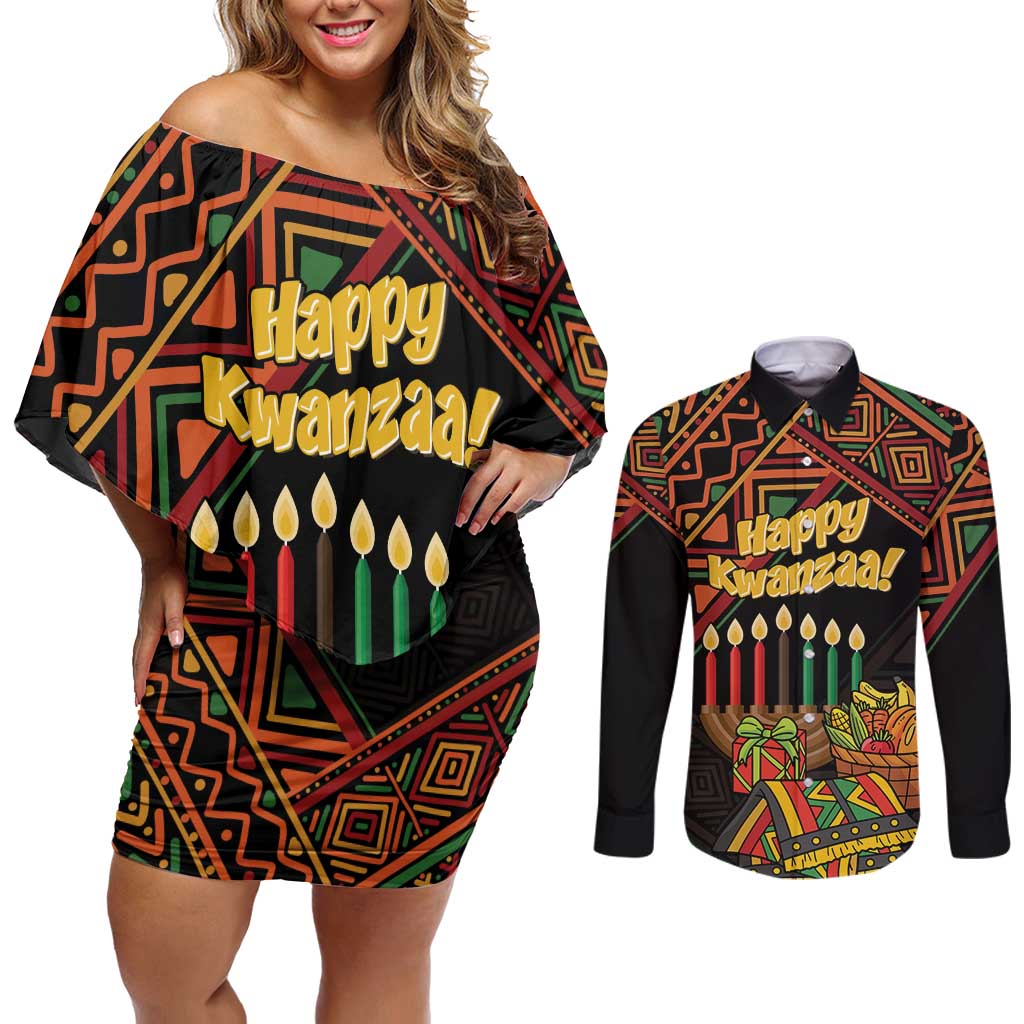 Personalized African Happy Kwanzaa Couples Matching Off Shoulder Short Dress and Long Sleeve Button Shirt - Wonder Print Shop