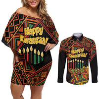 Personalized African Happy Kwanzaa Couples Matching Off Shoulder Short Dress and Long Sleeve Button Shirt - Wonder Print Shop