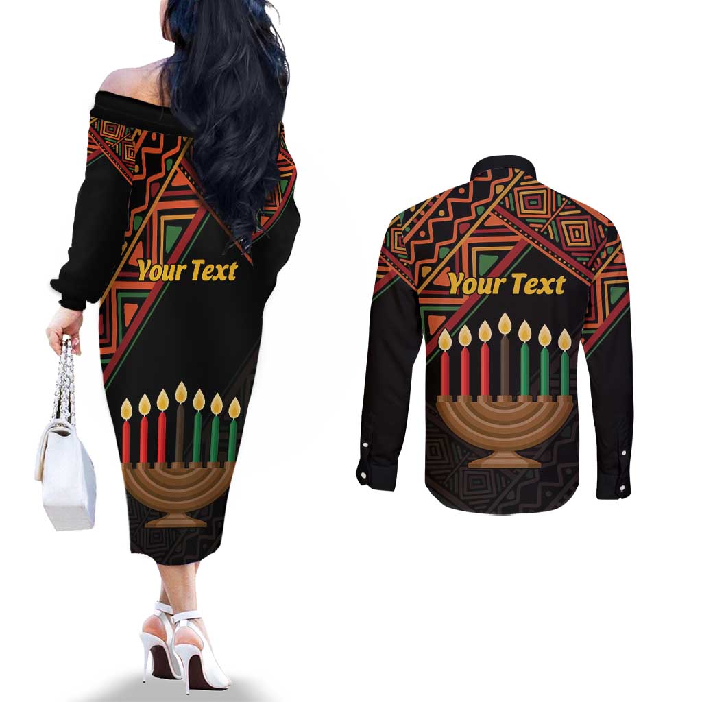 Personalized African Happy Kwanzaa Couples Matching Off The Shoulder Long Sleeve Dress and Long Sleeve Button Shirt