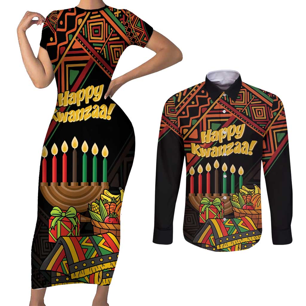 Personalized African Happy Kwanzaa Couples Matching Short Sleeve Bodycon Dress and Long Sleeve Button Shirt - Wonder Print Shop