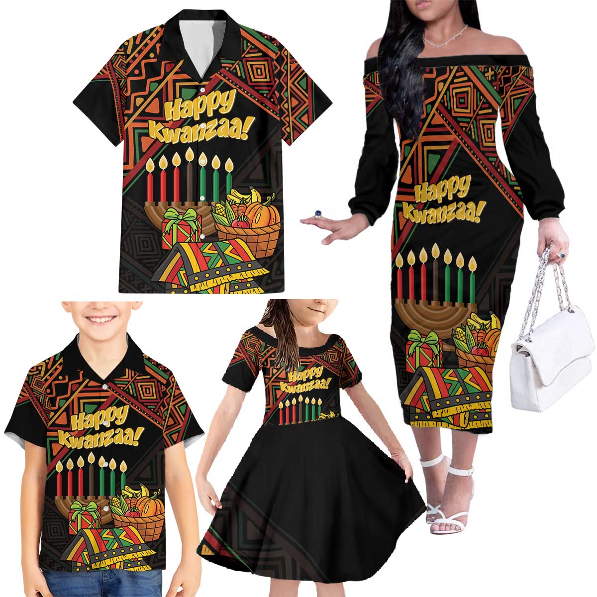 Personalized African Happy Kwanzaa Family Matching Off The Shoulder Long Sleeve Dress and Hawaiian Shirt - Wonder Print Shop