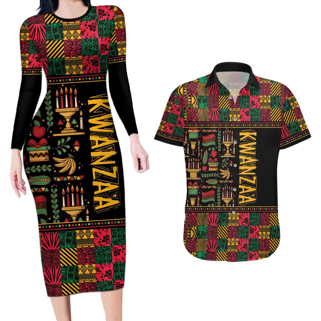 Kwanzaa African Pattern Couples Matching Long Sleeve Bodycon Dress and Hawaiian Shirt - Wonder Print Shop