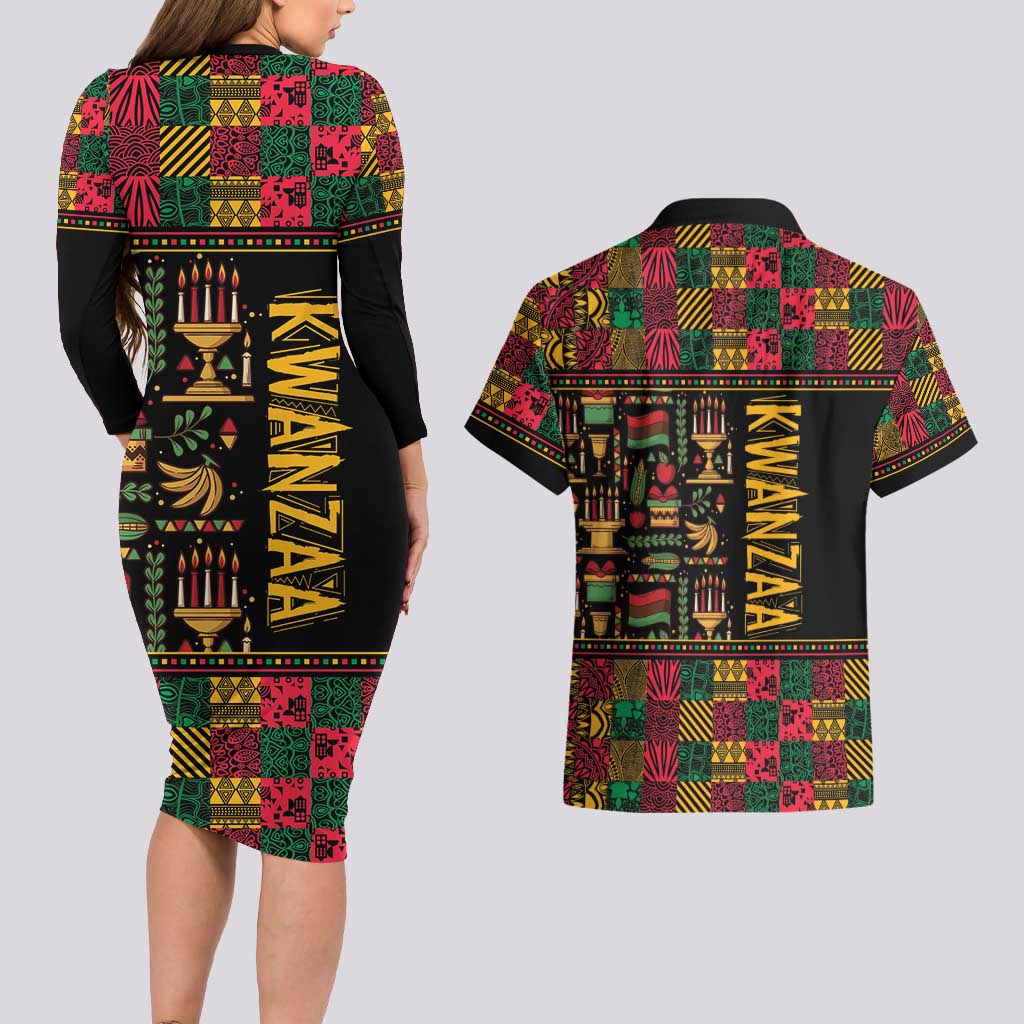 Kwanzaa African Pattern Couples Matching Long Sleeve Bodycon Dress and Hawaiian Shirt - Wonder Print Shop