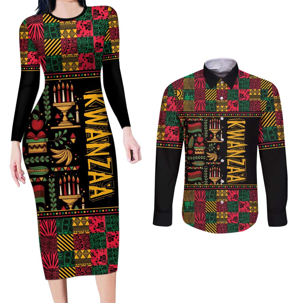 Kwanzaa African Pattern Couples Matching Long Sleeve Bodycon Dress and Long Sleeve Button Shirt - Wonder Print Shop