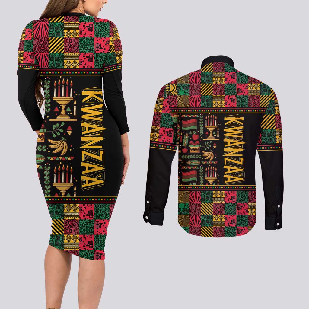 Kwanzaa African Pattern Couples Matching Long Sleeve Bodycon Dress and Long Sleeve Button Shirt - Wonder Print Shop
