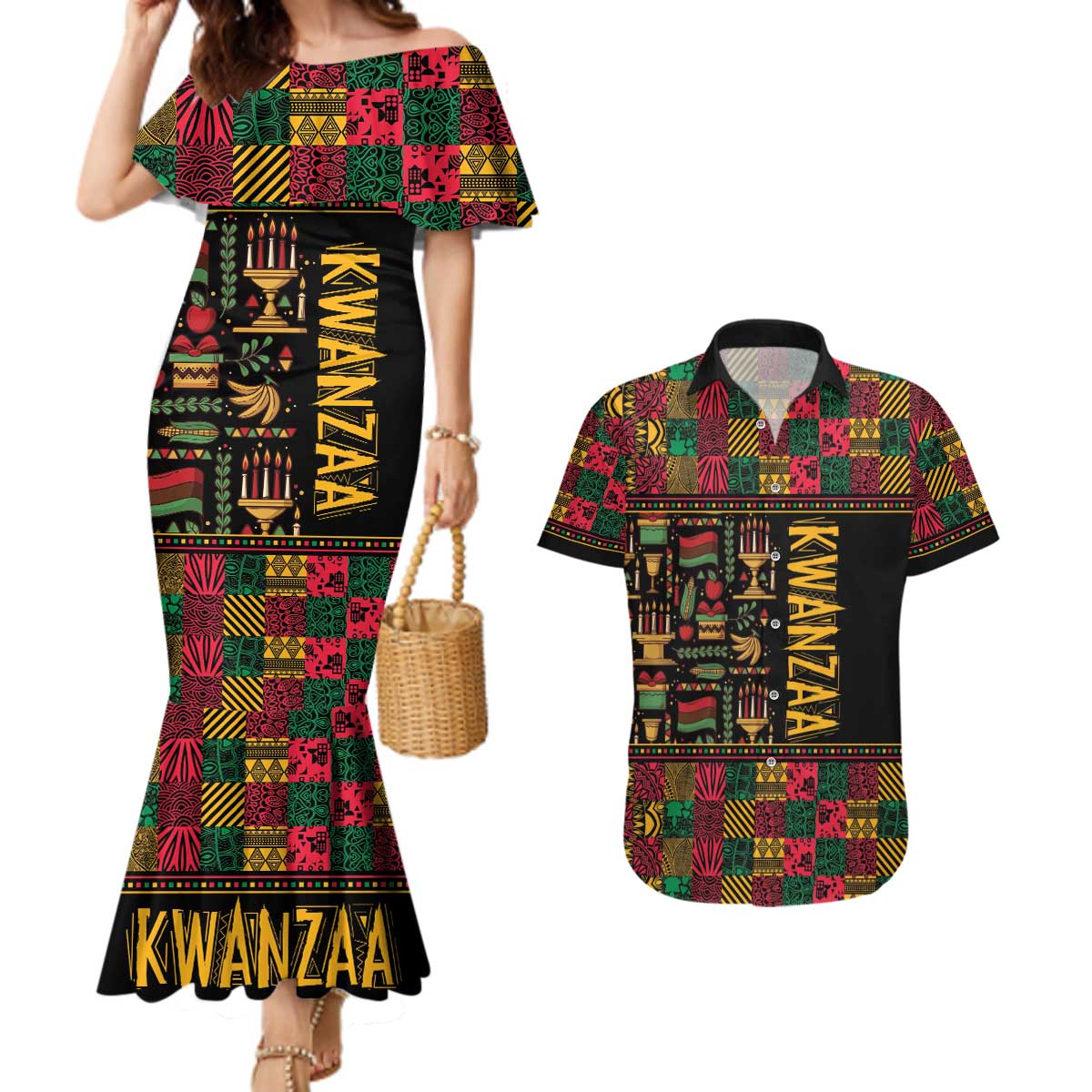 Kwanzaa African Pattern Couples Matching Mermaid Dress and Hawaiian Shirt - Wonder Print Shop