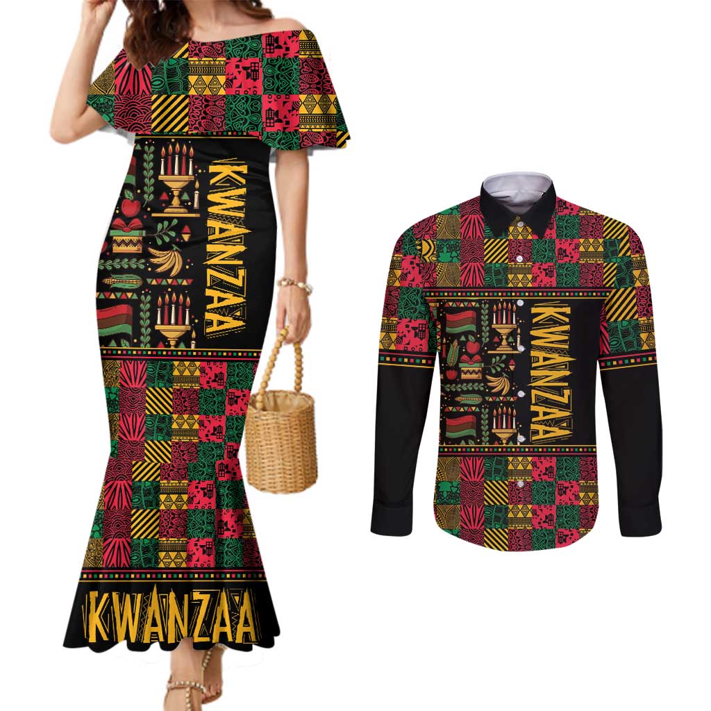 Kwanzaa African Pattern Couples Matching Mermaid Dress and Long Sleeve Button Shirt