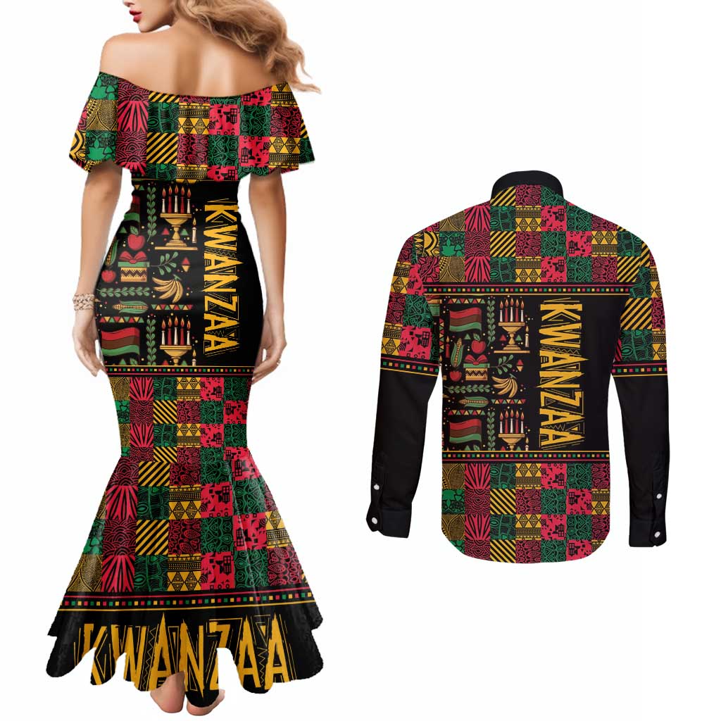 Kwanzaa African Pattern Couples Matching Mermaid Dress and Long Sleeve Button Shirt