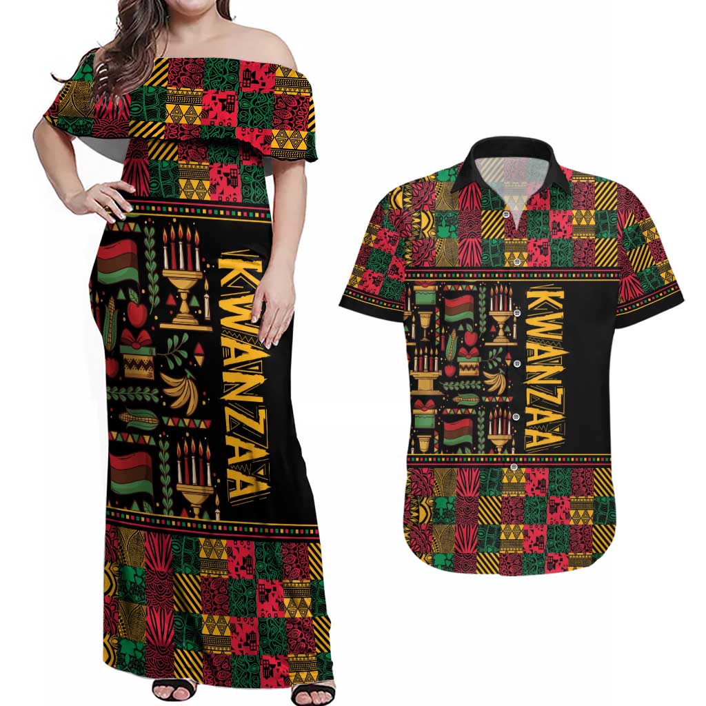 Kwanzaa African Pattern Couples Matching Off Shoulder Maxi Dress and Hawaiian Shirt - Wonder Print Shop