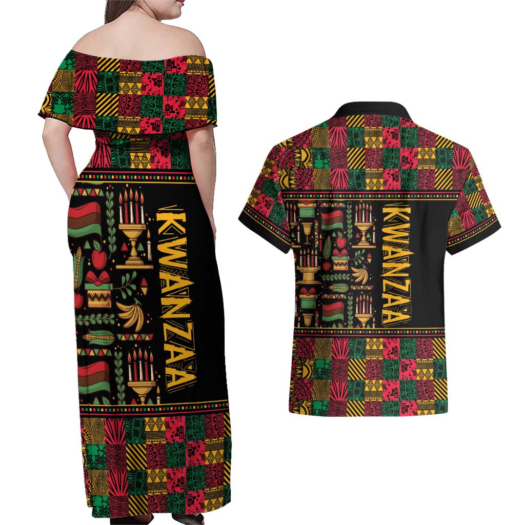 Kwanzaa African Pattern Couples Matching Off Shoulder Maxi Dress and Hawaiian Shirt - Wonder Print Shop