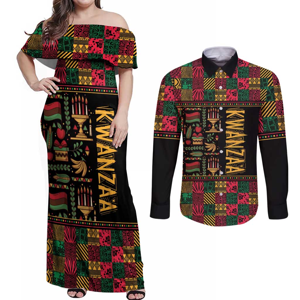 Kwanzaa African Pattern Couples Matching Off Shoulder Maxi Dress and Long Sleeve Button Shirt - Wonder Print Shop