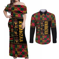 Kwanzaa African Pattern Couples Matching Off Shoulder Maxi Dress and Long Sleeve Button Shirt - Wonder Print Shop