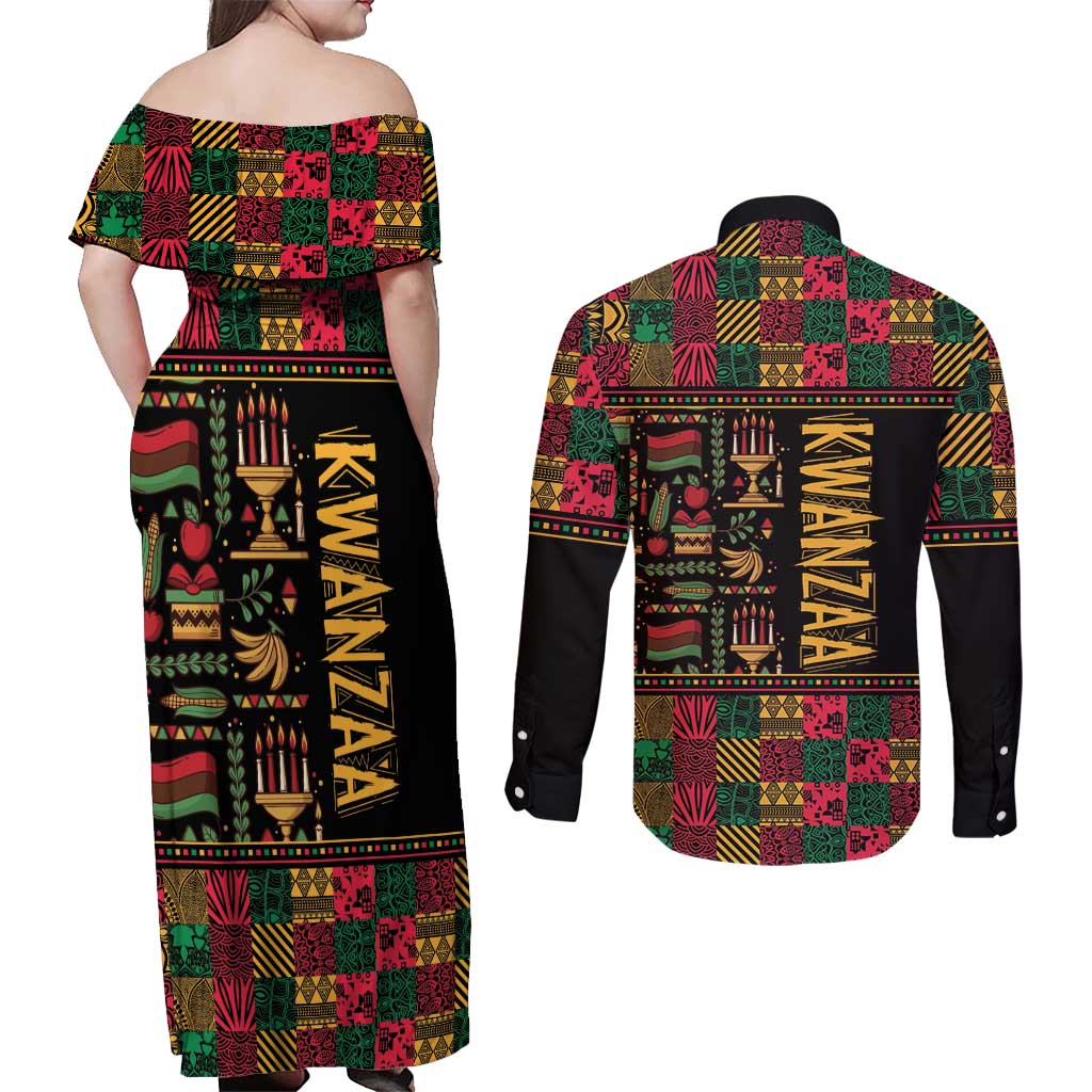 Kwanzaa African Pattern Couples Matching Off Shoulder Maxi Dress and Long Sleeve Button Shirt - Wonder Print Shop