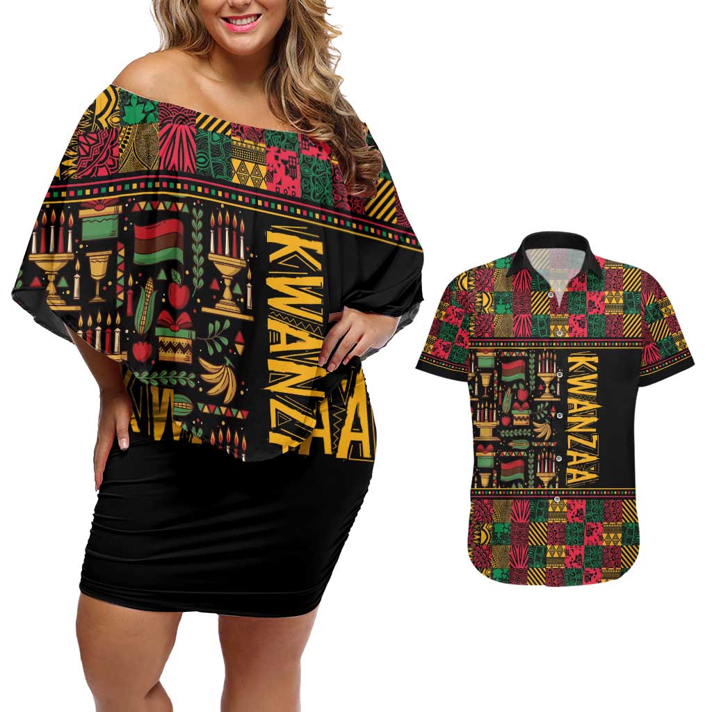 Kwanzaa African Pattern Couples Matching Off Shoulder Short Dress and Hawaiian Shirt - Wonder Print Shop