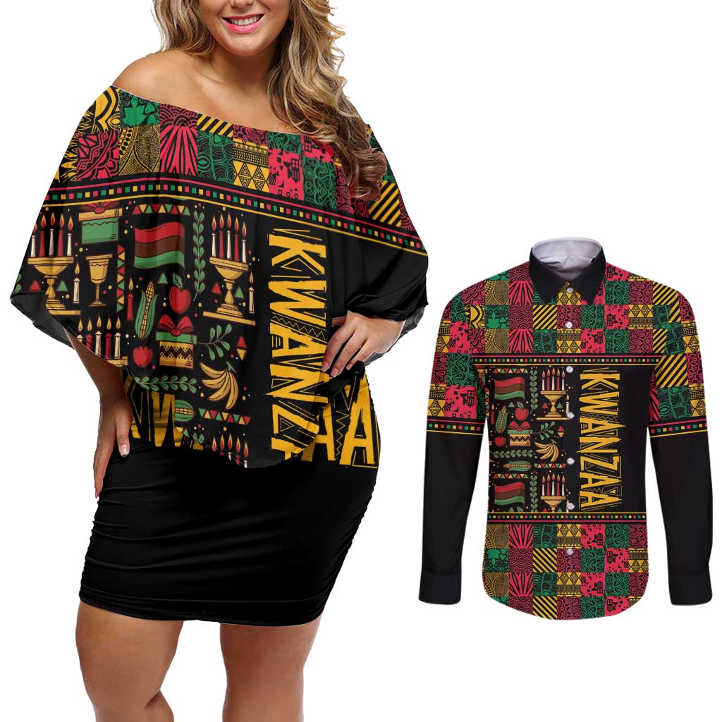 Kwanzaa African Pattern Couples Matching Off Shoulder Short Dress and Long Sleeve Button Shirt - Wonder Print Shop