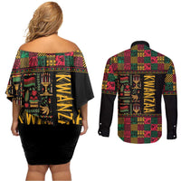 Kwanzaa African Pattern Couples Matching Off Shoulder Short Dress and Long Sleeve Button Shirt - Wonder Print Shop