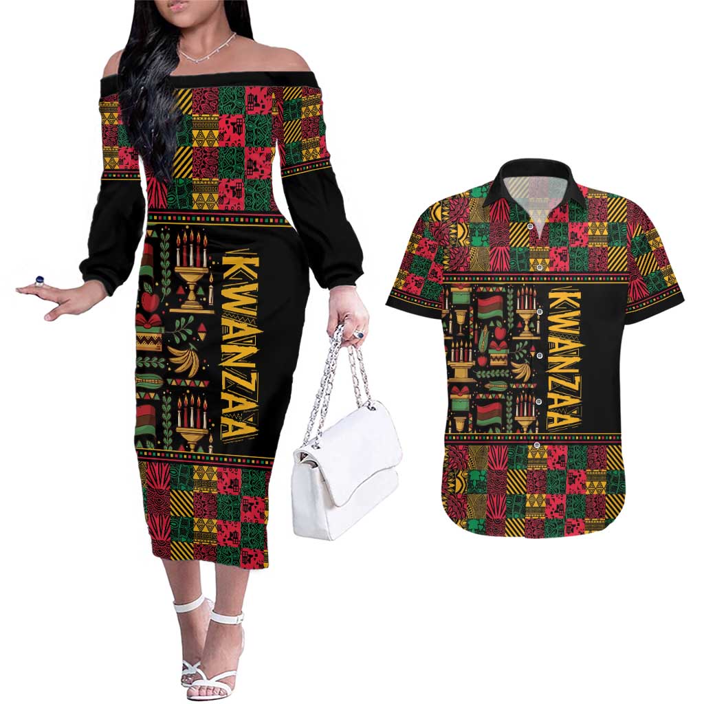 Kwanzaa African Pattern Couples Matching Off The Shoulder Long Sleeve Dress and Hawaiian Shirt - Wonder Print Shop