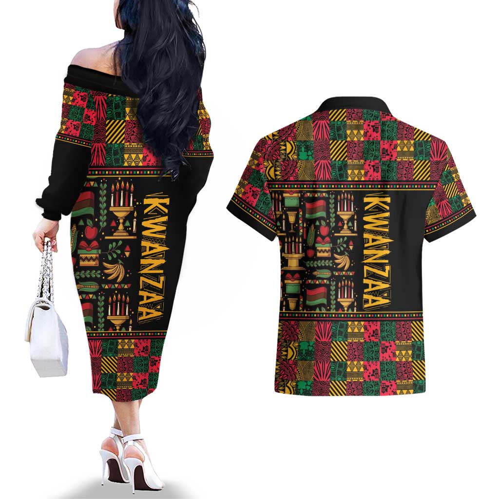 Kwanzaa African Pattern Couples Matching Off The Shoulder Long Sleeve Dress and Hawaiian Shirt - Wonder Print Shop