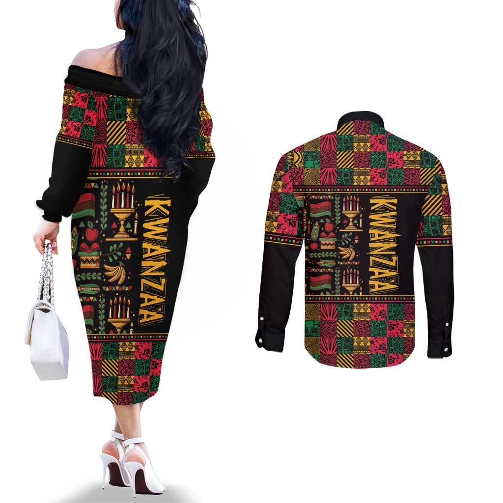 Kwanzaa African Pattern Couples Matching Off The Shoulder Long Sleeve Dress and Long Sleeve Button Shirt