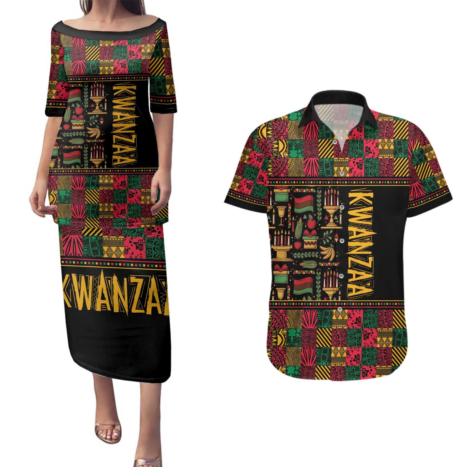 Kwanzaa African Pattern Couples Matching Puletasi and Hawaiian Shirt - Wonder Print Shop