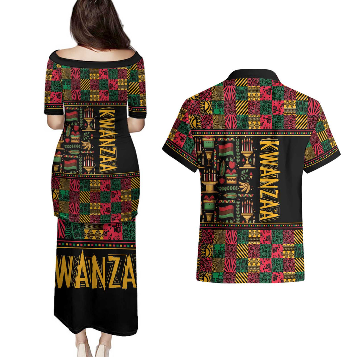 Kwanzaa African Pattern Couples Matching Puletasi and Hawaiian Shirt - Wonder Print Shop