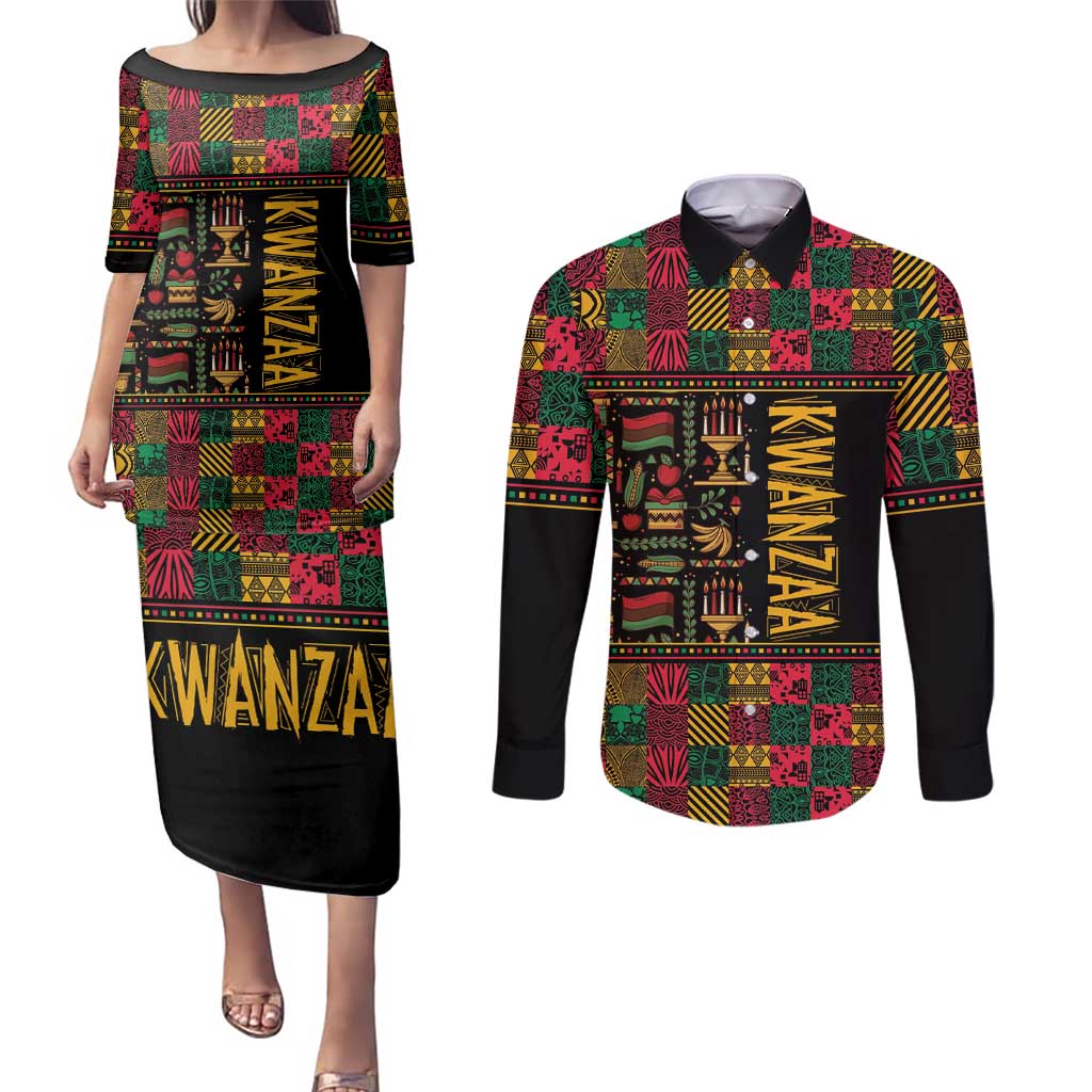 Kwanzaa African Pattern Couples Matching Puletasi and Long Sleeve Button Shirt - Wonder Print Shop