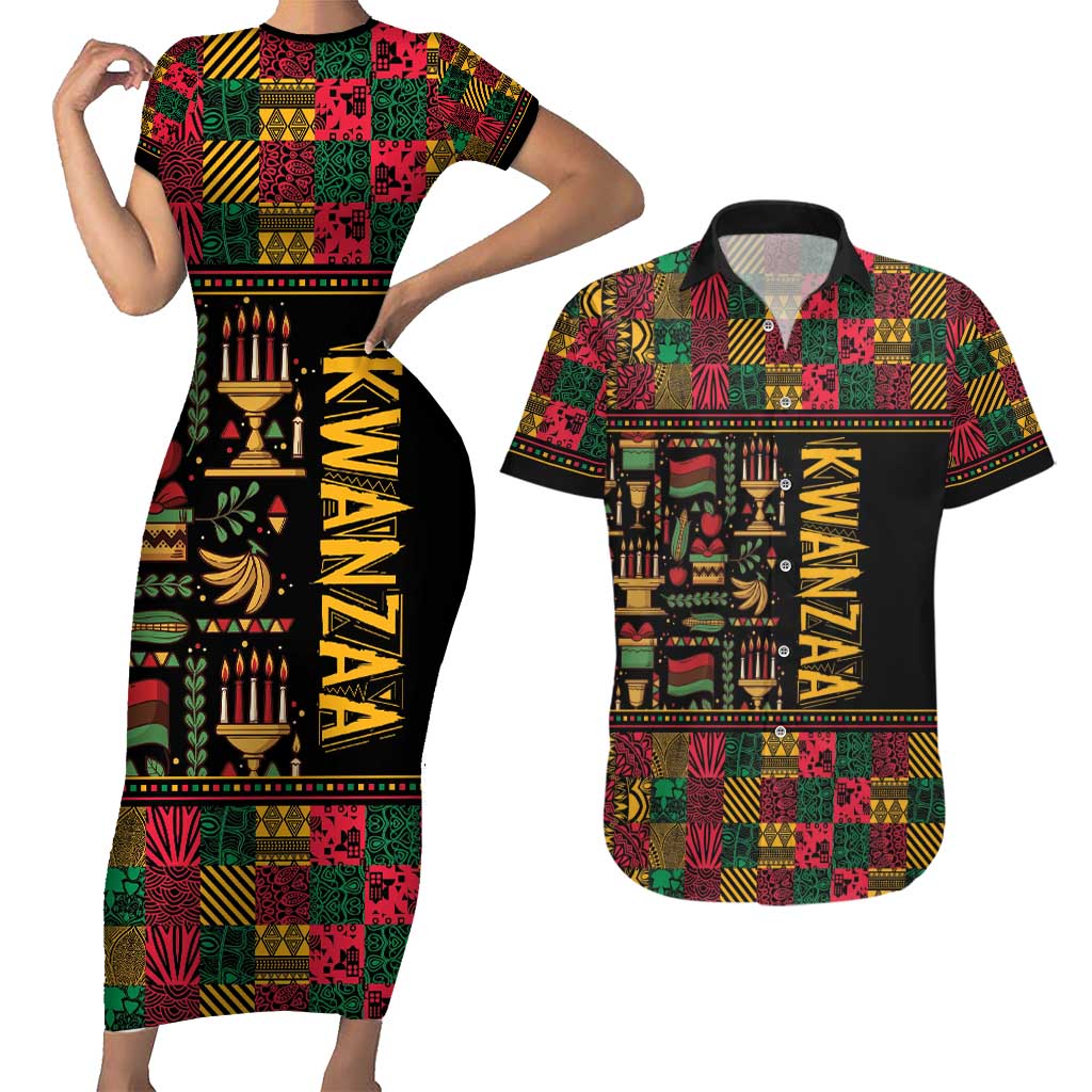 Kwanzaa African Pattern Couples Matching Short Sleeve Bodycon Dress and Hawaiian Shirt - Wonder Print Shop