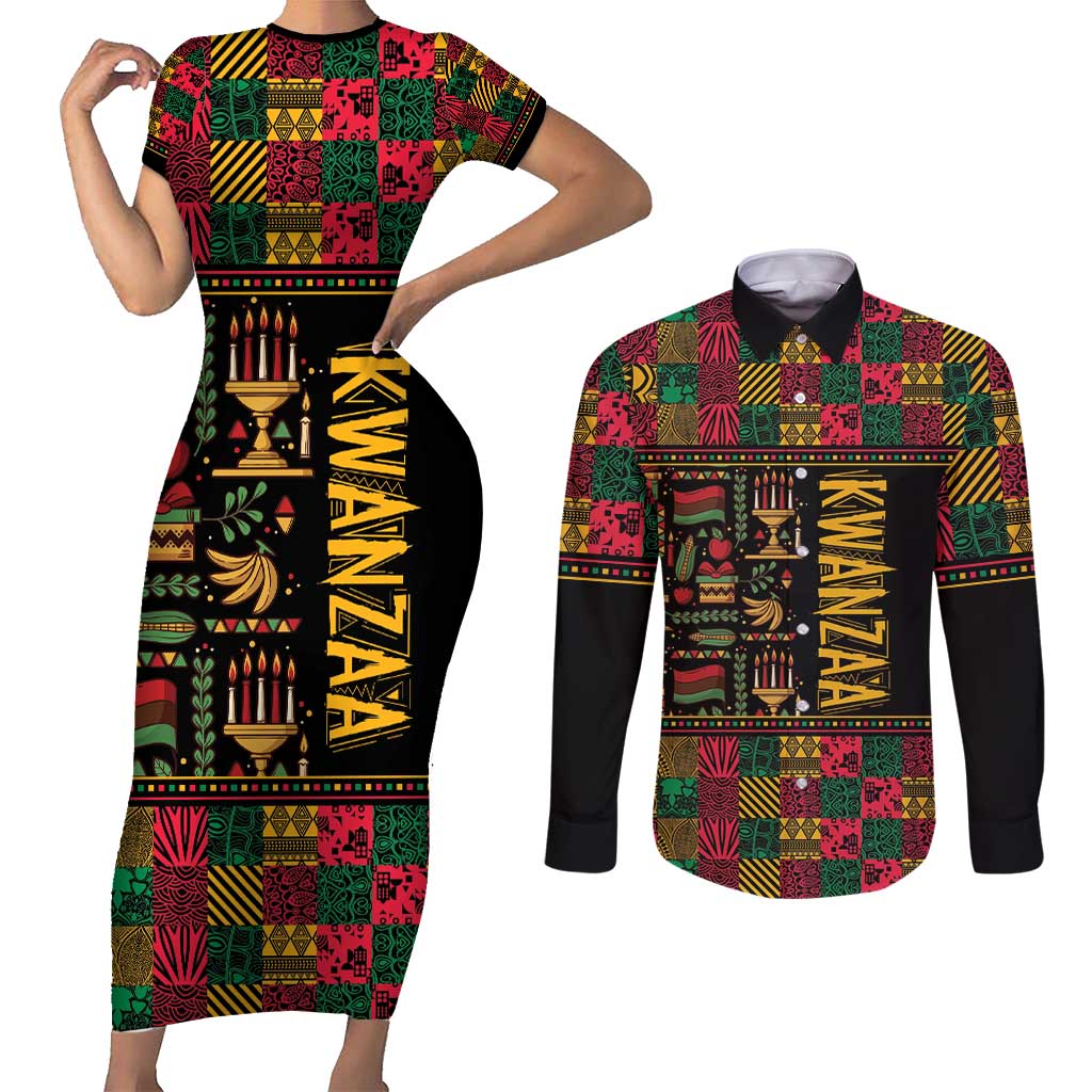 Kwanzaa African Pattern Couples Matching Short Sleeve Bodycon Dress and Long Sleeve Button Shirt - Wonder Print Shop