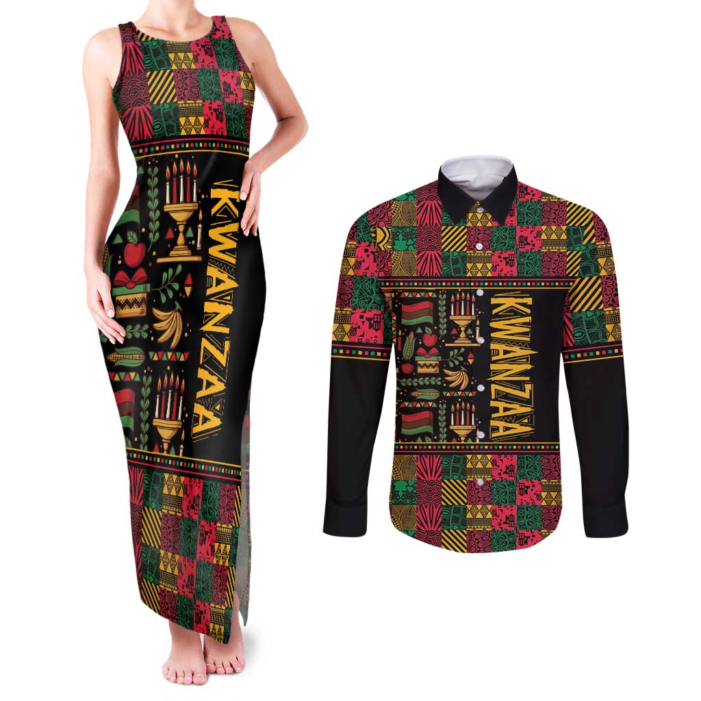 Kwanzaa African Pattern Couples Matching Tank Maxi Dress and Long Sleeve Button Shirt - Wonder Print Shop