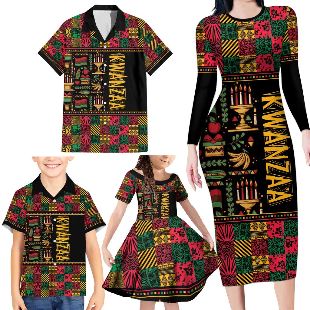 Kwanzaa African Pattern Family Matching Long Sleeve Bodycon Dress and Hawaiian Shirt - Wonder Print Shop