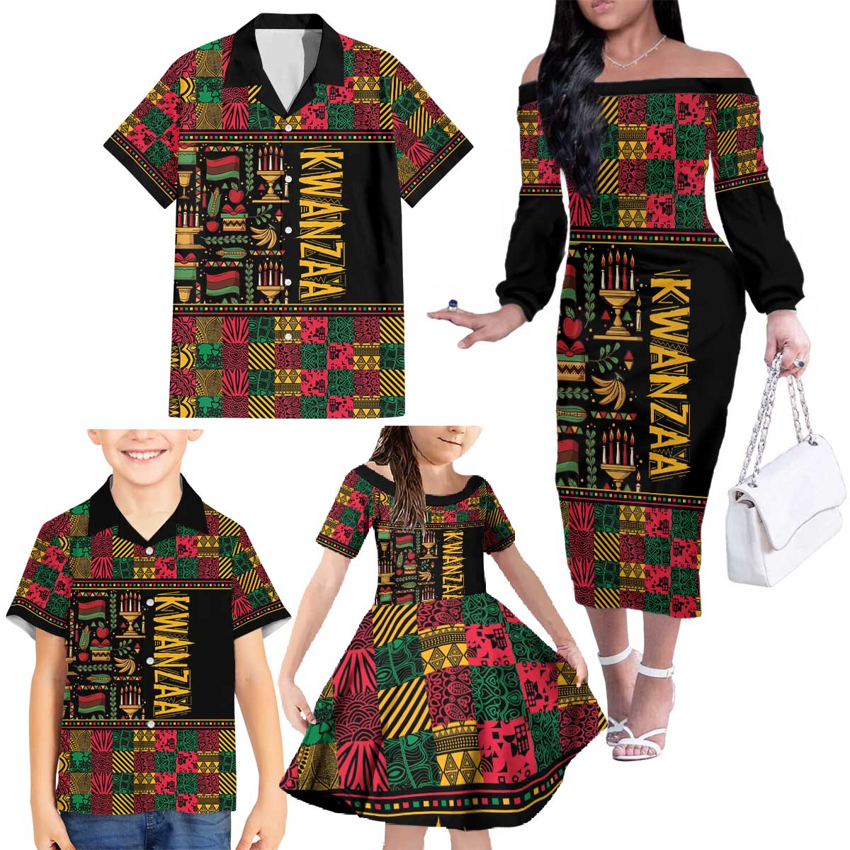 Kwanzaa African Pattern Family Matching Off The Shoulder Long Sleeve Dress and Hawaiian Shirt - Wonder Print Shop