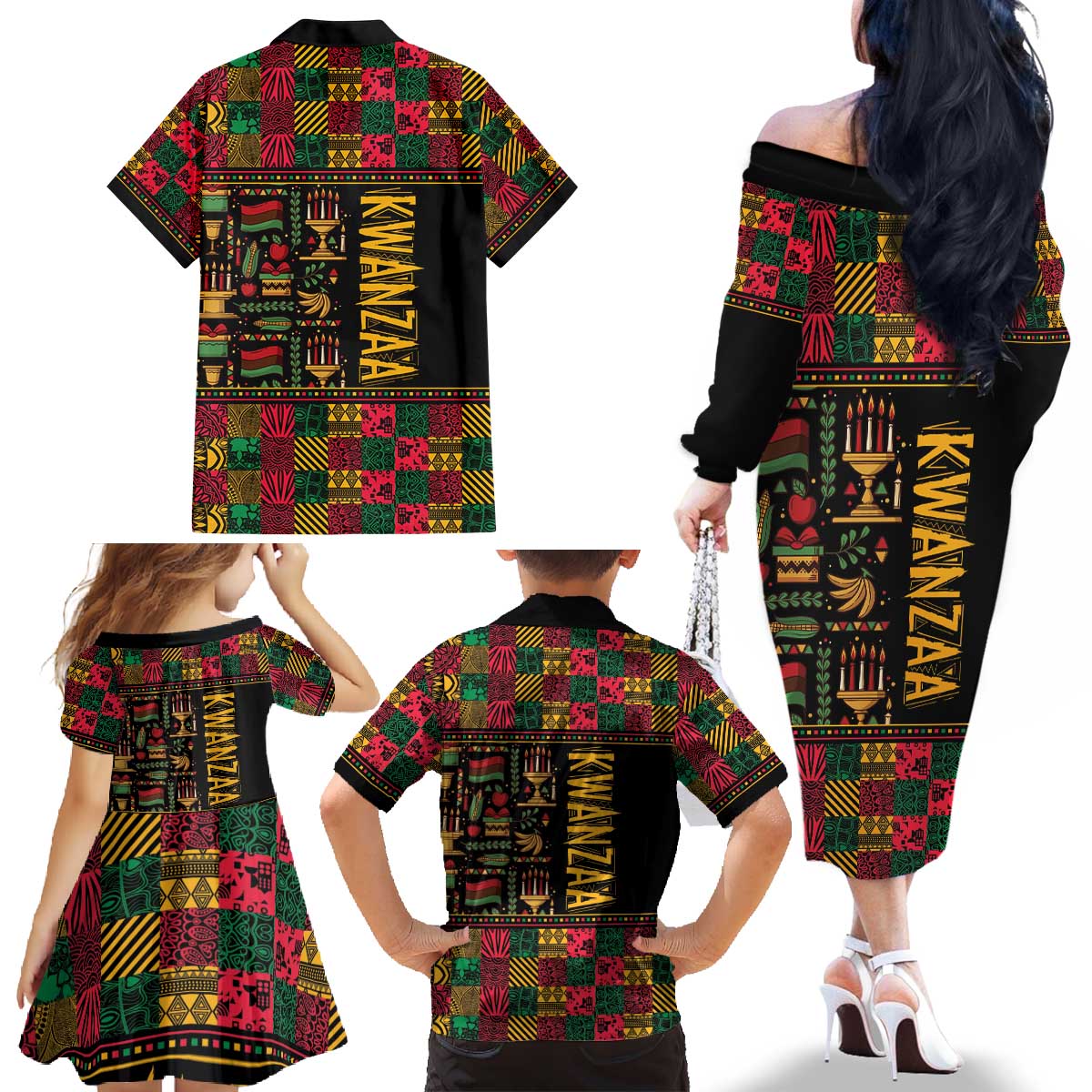 Kwanzaa African Pattern Family Matching Off The Shoulder Long Sleeve Dress and Hawaiian Shirt - Wonder Print Shop