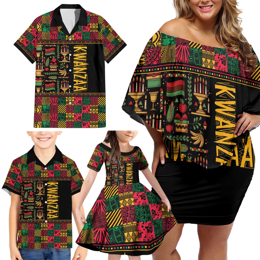 Kwanzaa African Pattern Family Matching Off Shoulder Short Dress and Hawaiian Shirt - Wonder Print Shop