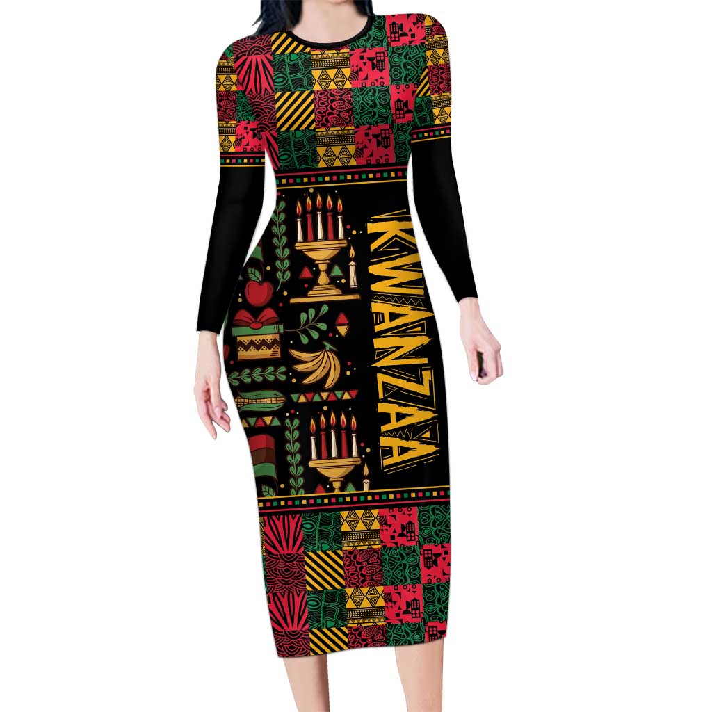 Kwanzaa African Pattern Long Sleeve Bodycon Dress - Wonder Print Shop