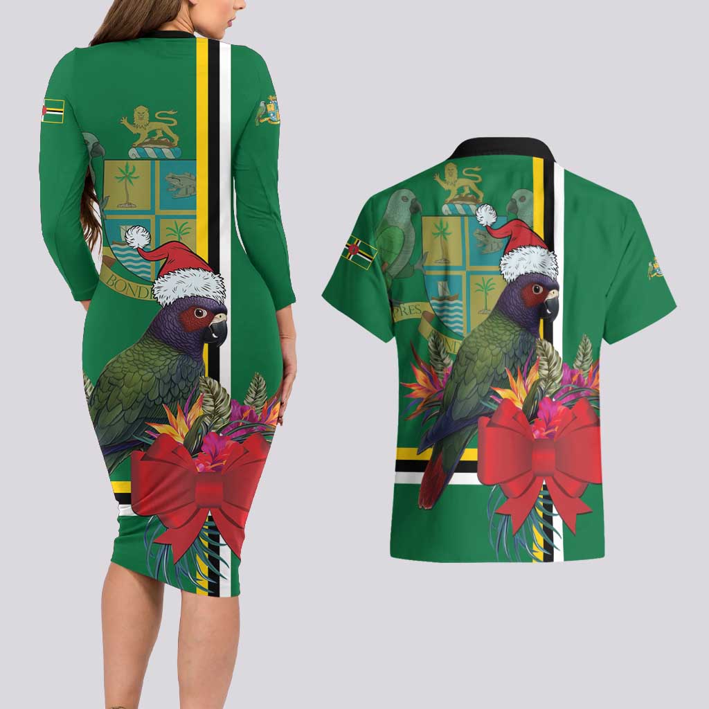 Dominica Christmas Coquette Bow Couples Matching Long Sleeve Bodycon Dress and Hawaiian Shirt Sisserou Parrot Tropical Flower - Wonder Print Shop