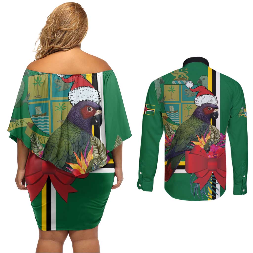 Dominica Christmas Coquette Bow Couples Matching Off Shoulder Short Dress and Long Sleeve Button Shirt Sisserou Parrot Tropical Flower - Wonder Print Shop