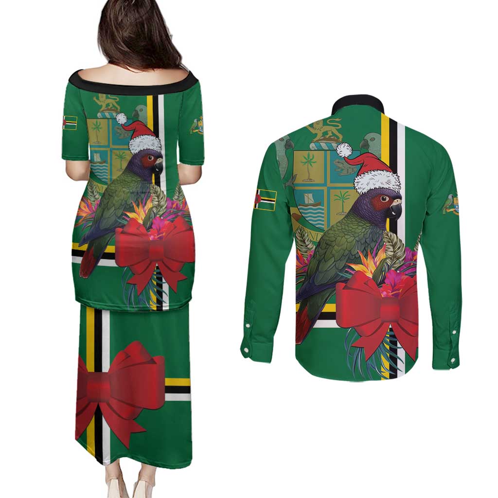 Dominica Christmas Coquette Bow Couples Matching Puletasi and Long Sleeve Button Shirt Sisserou Parrot Tropical Flower - Wonder Print Shop