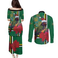 Dominica Christmas Coquette Bow Couples Matching Puletasi and Long Sleeve Button Shirt Sisserou Parrot Tropical Flower - Wonder Print Shop