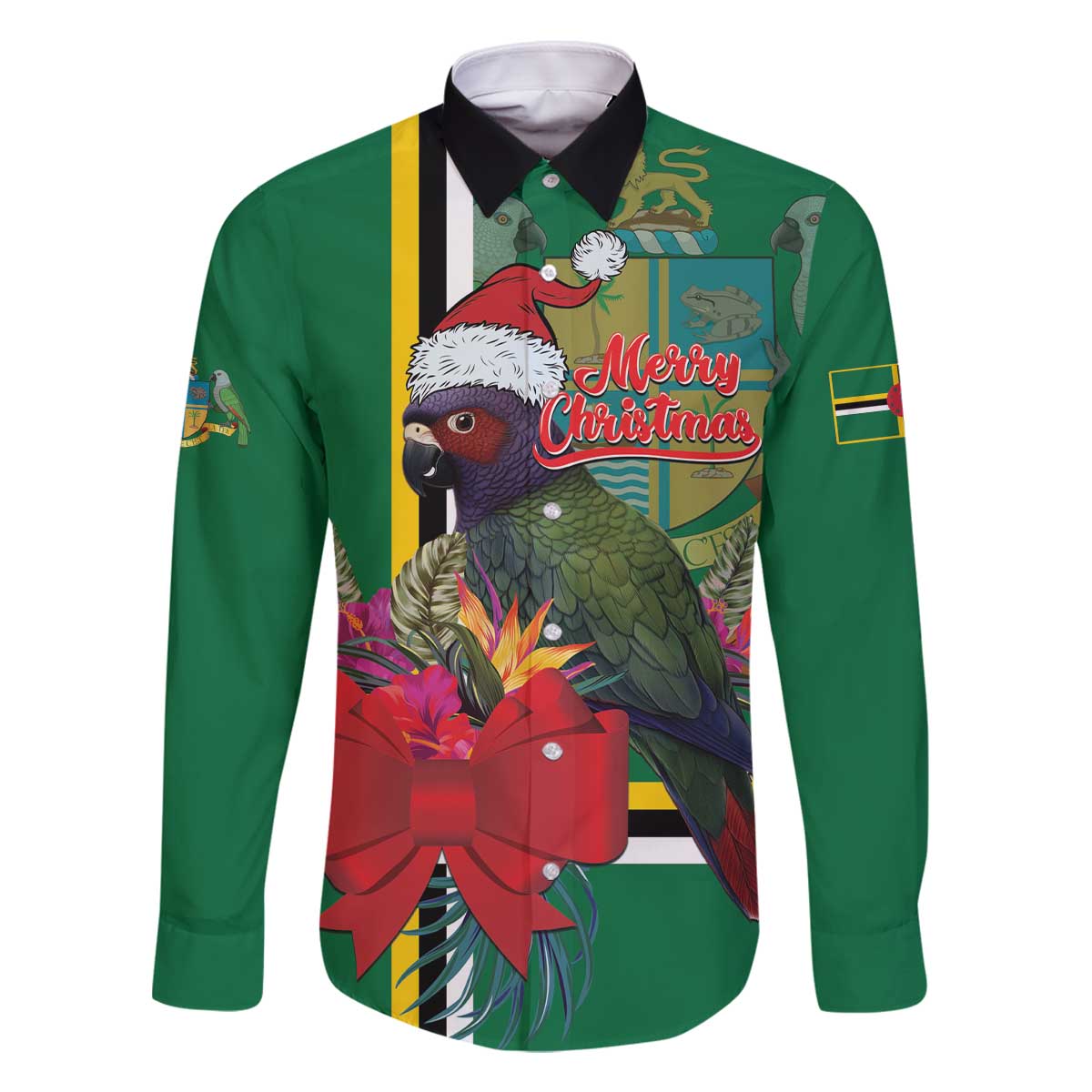 Dominica Christmas Coquette Bow Family Matching Off The Shoulder Long Sleeve Dress and Hawaiian Shirt Sisserou Parrot Tropical Flower - Wonder Print Shop