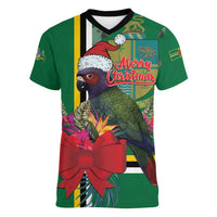 Dominica Christmas Coquette Bow Women V-Neck T-Shirt Sisserou Parrot Tropical Flower - Wonder Print Shop