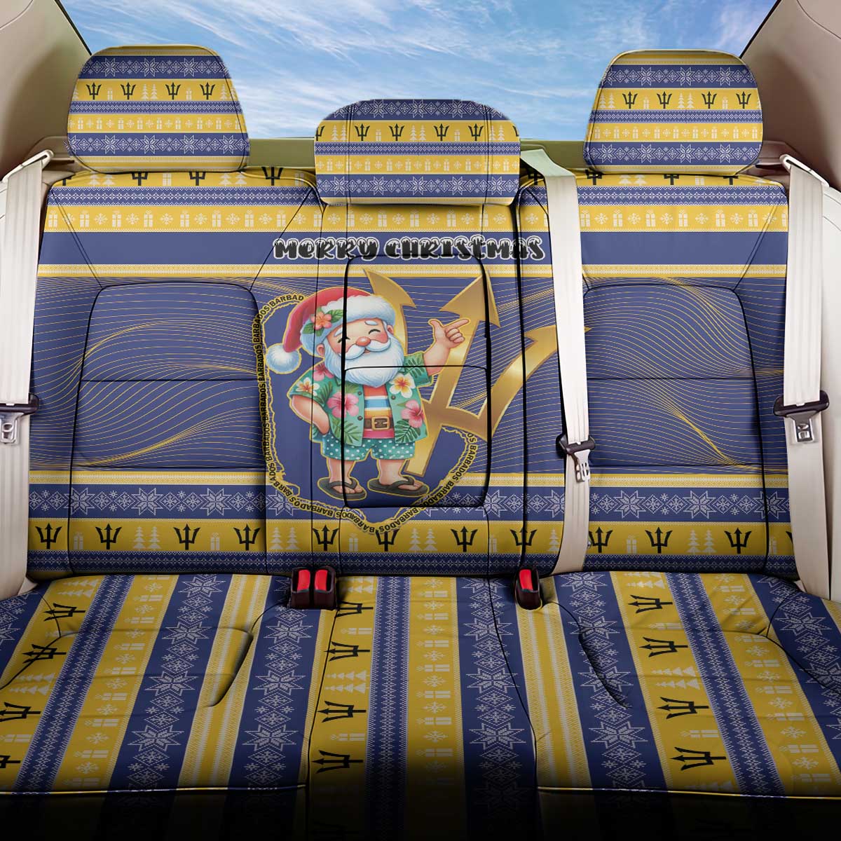 Barbados Christmas Back Car Seat Cover Bajan Map Santa Trident - Wonder Print Shop