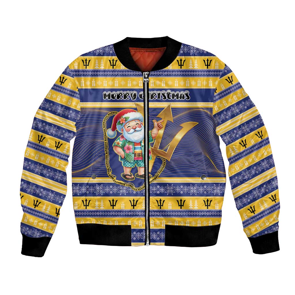 Personalized Barbados Christmas Bomber Jacket Bajan Map Santa Trident - Wonder Print Shop