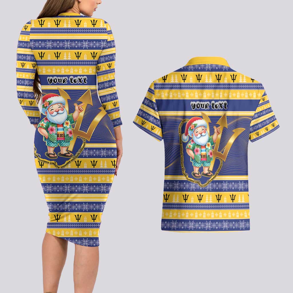 Personalized Barbados Christmas Couples Matching Long Sleeve Bodycon Dress and Hawaiian Shirt Bajan Map Santa Trident - Wonder Print Shop