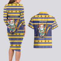 Personalized Barbados Christmas Couples Matching Long Sleeve Bodycon Dress and Hawaiian Shirt Bajan Map Santa Trident - Wonder Print Shop