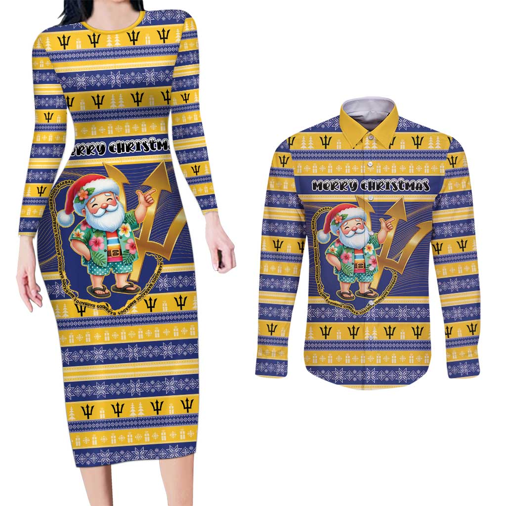 Personalized Barbados Christmas Couples Matching Long Sleeve Bodycon Dress and Long Sleeve Button Shirt Bajan Map Santa Trident - Wonder Print Shop